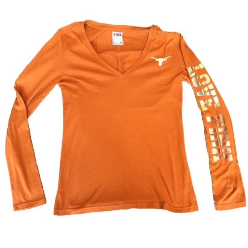 PINK Victoria's Secret Texas Longhorns Long Sleeve V-Neck Foil Print Tee Size L